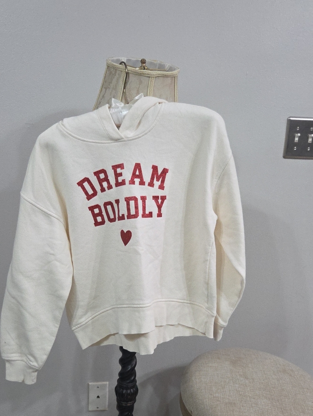 Old Navy Cream Hoodie with Red Graphic and Satin Bow